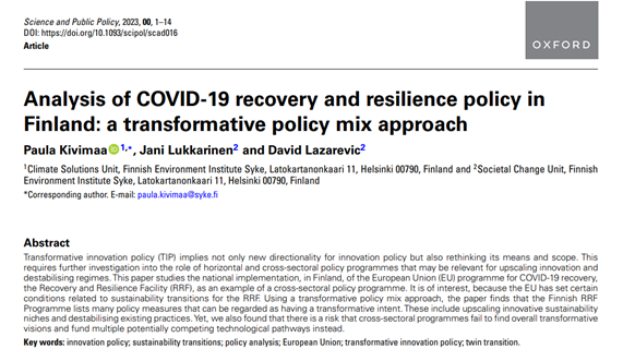 paulakivim's tweet photo. See our new article where we analysed the degree of transformative intent in and preparation of the Finnish COVID-19 recovery and resilience policy "the Sustainable Growth Programme" that implemented the EU #RRF. @jani_lukkarinen @davelazarevic @sykeint https://t.co/G0FCG6cyXU 🧵 https://t.co/2Q0Zig3N5j