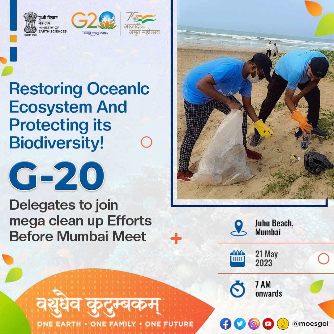 As part of the Ocean 20 Dialogue & raising awareness on 'Environment & Climate Sustainability',

A Beach Cleaning Activity will be carried out at #JuhuBeach Mumbai on 21st May, 2023 ahead of the Working Group Meeting later in the day.