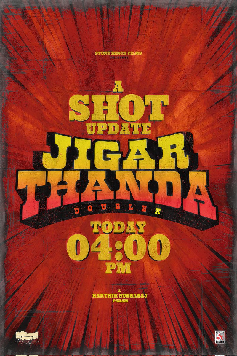act_mani's tweet photo. A SHOT Update from team #JigarthandaDoubleX, today at 4PM.
#aSHOTupdate
@offl_Lawrenceβ€π
@iam_SJSuryah @DOP_Tirru @Music_Santhosh @kaarthekeyens @stonebenchers @onlynikil https://t.co/AVWgpVqeW5
