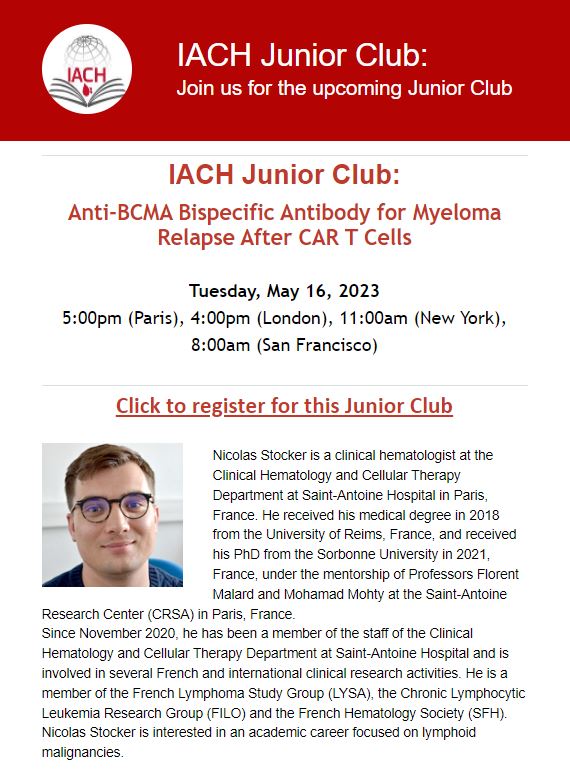 📣Join us TOMORROW for @TheIACH Junior Club: Anti-BCMA Bispecific Antibody for Myeloma Relapse After CAR T Cells FREE registration ⬇️⬇️⬇️ bit.ly/42rJKvX @NStockerSAT @Mohty_EBMT @Florent_Malard