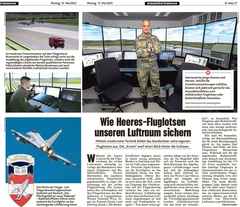 Die Lotsen haben ihre Arbeitsplätze auf den Fliegerhorsten des #Bundesheer. Die Radarleitoffiziere dagegen sitzen in einem Bunker in Salzburg und führen im Falle eines sogenannten Priorität-Alpha-Einsatzes die Eurofighter an das Zielobjekt heran." <a href="/krone_at/">Kronen Zeitung</a>