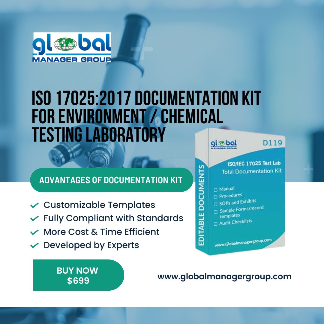 ISO 17025:2017 DOCUMENTATION KIT FOR ENVIRONMENT / CHEMICAL TESTING LABORATORY
Find out more:- globalmanagergroup.com/.../iso-17025-…...

#experience #testing #testingservices #iso17025 #iso17020 #isoiec17025 #iso170252017 #documentation #manual #chemicaltesting #laboratory