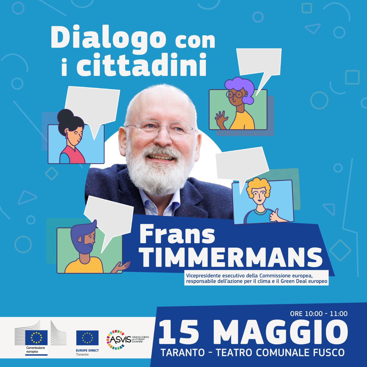 EuropeDirect_Mo's tweet photo. ⏰10.00, al via #EUdialogues con @TimmermansEU su #transizioneverde a #Taranto
segui la diretta streaming sui canali social di @europainitalia
@eudirecttaranto @ASviSItalia
#clima #EUGreenDeal https://t.co/bc3o2lBhqk