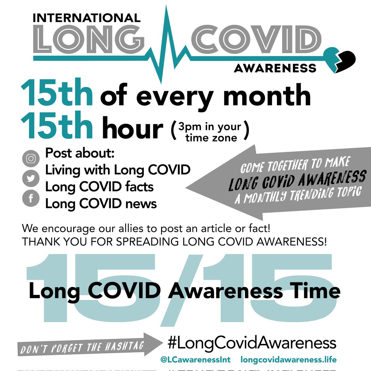 LCawarenessInt's tweet photo. 15/15--
15th day at 3pm (your time zone) Post about #LongCovid on all social media platforms--
Include hashtag: #LongCovidAwareness https://t.co/utqhJuyK4J