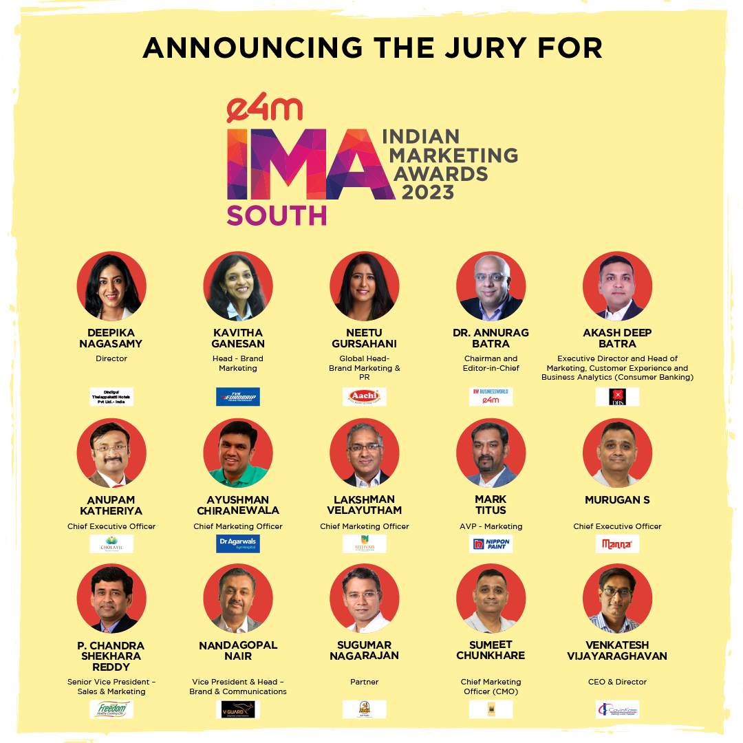 #e4mIMASouth
Take a look at the esteemed Grand jury for IMA South 2023!

Register here- lnkd.in/dznxSZ59

@marktitus78 |@CavinKareIndia | @AachiGroup | @dragarwals_eye | @kavipedia |  @FreedomOil_In | @SobhaLtd | @Thalappakatti | @LakshmanVelayu4 |