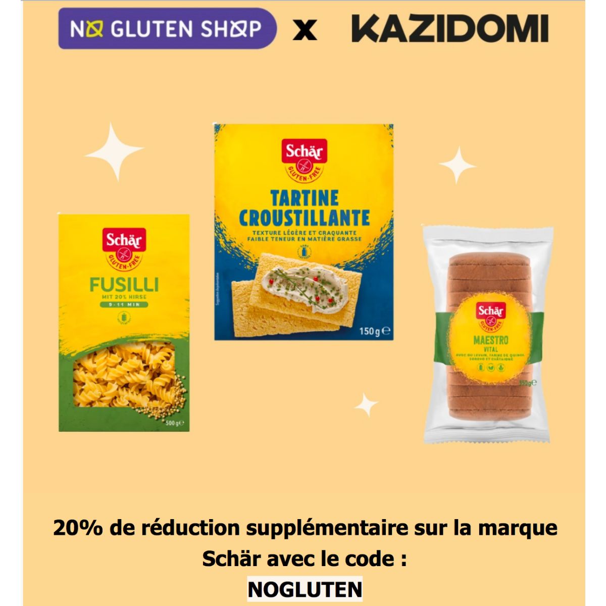20% de réduction supplémentaire sur les produits Schär ! - Retrouvez tous vos produits sans gluten chez KAZIDOMI à des prix encore moins chers ! 
#sansgluten #glutenfree #glutenvrij  - mailchi.mp/noglutenshop.c…