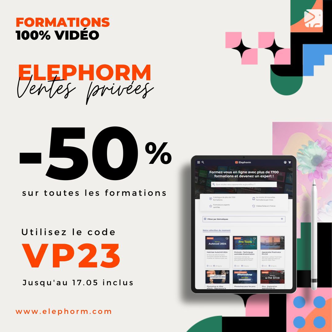 Elephorm's tweet photo. 🔥𝗩𝗘𝗡𝗧𝗘𝗦 𝗣𝗥𝗜𝗩𝗘𝗘𝗦🔥𝟑 𝐣𝐨𝐮𝐫𝐬 𝐬𝐞𝐮𝐥𝐞𝐦𝐞𝐧𝐭⌛
​ -𝟓𝟎% sur toutes les formations avec le code 𝐕𝐏𝟐𝟯!

✅ +1700 formations dans 12 thématique
✅ Experts Formateurs certifiés
✅ Accessibles 24/7, sur tous vos devices 

▶️ https://t.co/rwa37tlLL2 https://t.co/Jlksy7qSzX