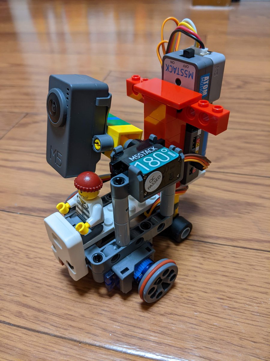 息子のレゴパーツをこっそり借用してカメラ付きリモコンカーの組み立て。
ServoKit 360×2
ServoKit 180×1
Atom Motion×1
Timer Camera F×1
ToF距離センサユニット×1
プログラムはこれから～。