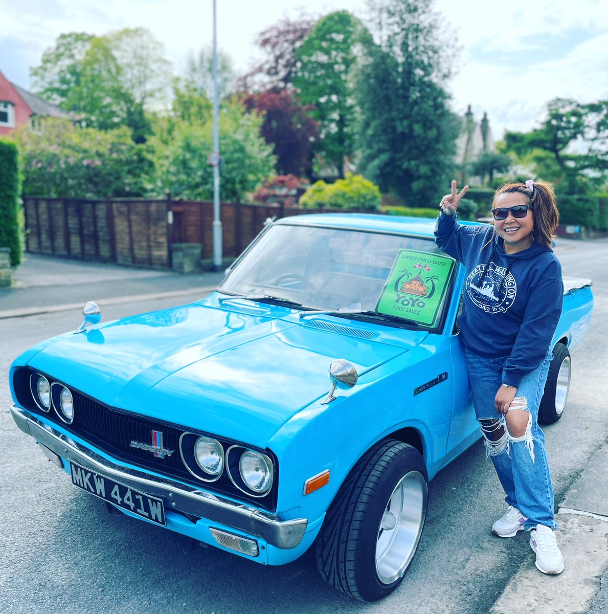 yoyolaossauce's tweet photo. Some time off this weekend and the weather has been lovely so went out in our ‘Nang Fa’ it means Blue Angel 😇 🚙 ☀️ 

#hotsauceontheroad #yoyolaossauce #madeinhalifax #datsun620 https://t.co/LcyhxwJbty