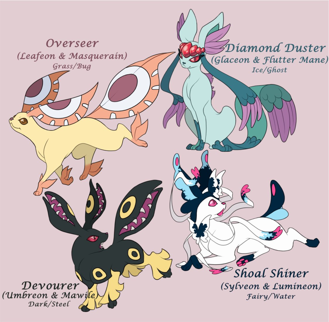 Clear_Jello's tweet photo. You all probably know I don't care much for the Eeveelutions... But! They do pair very nicely with Pokemon I actually do like, so! Here's some more.
These're up for adoption on my DA/FA
#jelloart #pokemon #fusion #hybrid #eeveelution #glaceon #umbreon #sylveon #leafeon https://t.co/fRSi1pvSfk