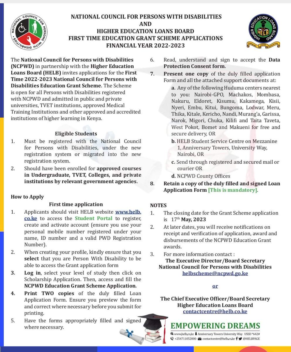 The scheme is open to students with disabilities registered by the National Council for Persons with Disabilities (NCPWD) in various colleges and universities.

 The deadline is May 17th, 2023. Visit helb.co.ke to apply. <a href="/HELBpage/">OFFICIAL HELB PAGE</a>  <a href="/County19Nyeri/">County Government of Nyeri</a> <a href="/NyeriAssembly/">The Nyeri Assembly</a>