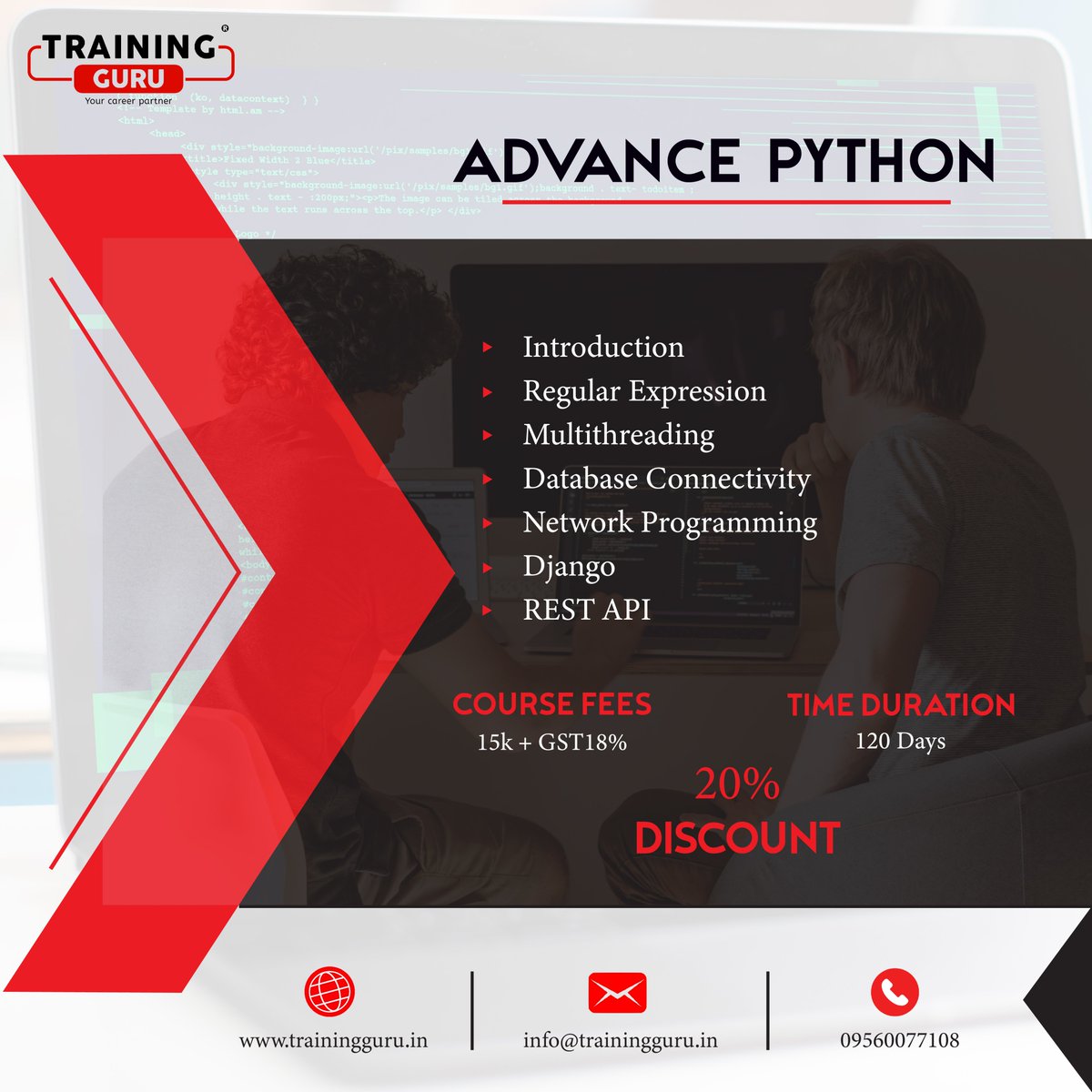 TrainingGuru18's tweet image. Get 20% Discount on All Advanced IT Courses and become a advanced python developer with Training Guru! Free Demo Class Available.
Call us: 9560077108
#advancepythontraining #advancepythontraininginnoida #advancepythontrainingcourse #pythontraining #training #python #advance
