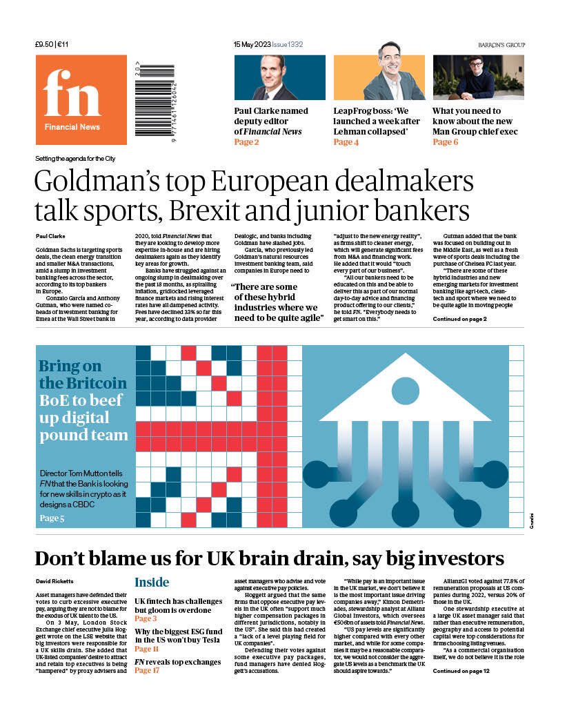 shrutitripathi6's tweet image. Front page of @FinancialNews:

Goldman Sachs’ top Emea bosses talk sports, Brexit and junior burnout, by @paultclarke 

Bring on the #Britcoin: Inside @bankofengland’s digital pound plan , by @alexmdaniel 

Don’t blame us for UK brain drain, big investors tell @davidricketts