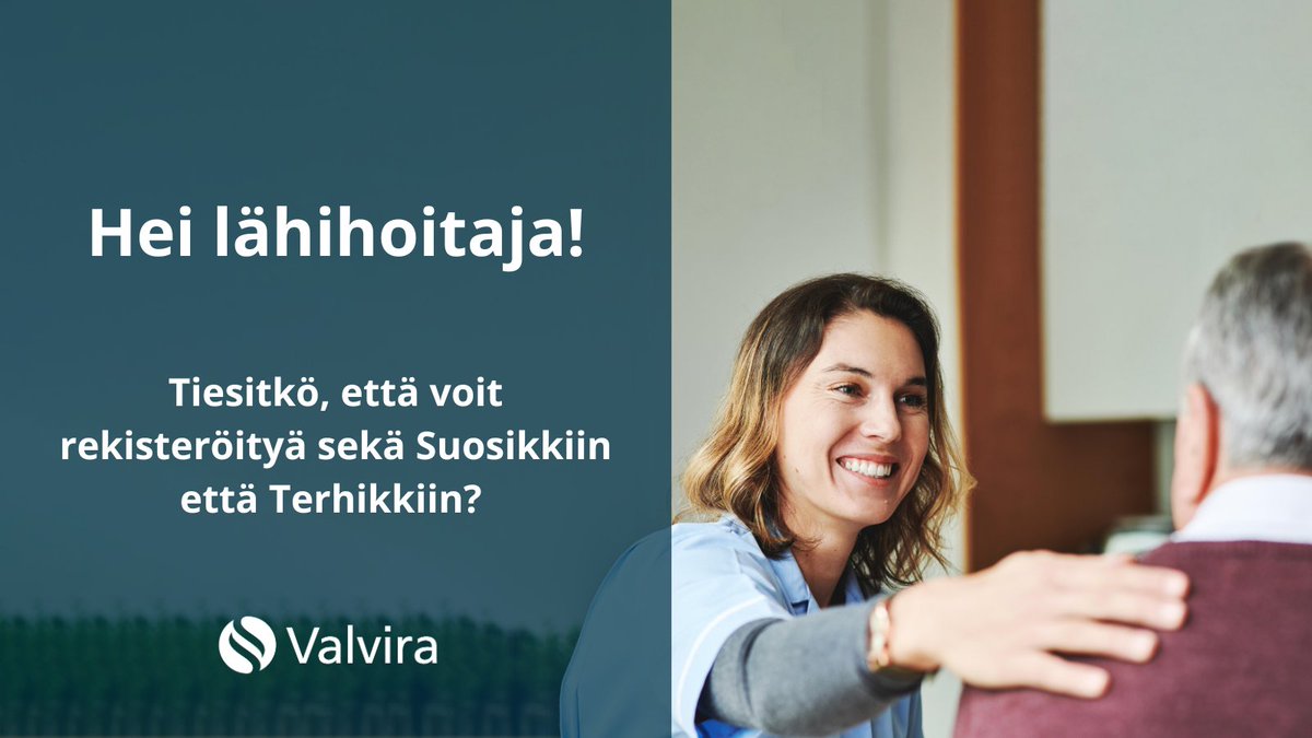 Lähihoitaja, tiesithän, että voit rekisteröidä ammattioikeutesi sekä sosiaali- että terveydenhuollon puolelle? Rekisteröidy sekä Suosikki- että Terhikki-rekisteriin.

Lue lisää nettisivuiltamme: valvira.fi/terveydenhuolt…

#lähihoitaja #ammattioikeudet