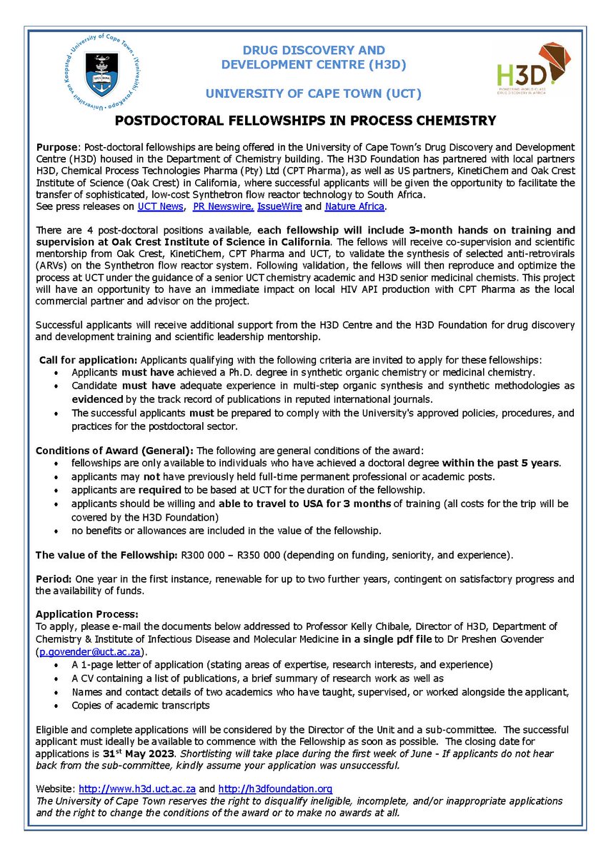 #PostDoc opportunities (4) in process chemistry for anti-retrovirals at University of Cape Town (South Africa) closing 31-May-2023 #SynChem #API #ARV #ChemPostDoc #PostDocJobs   doi.org/10.1038/d44148…