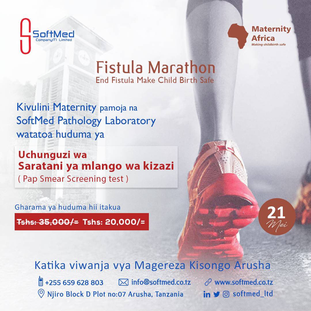 softmed_ltd's tweet photo. Jiunge nasi kwenye mbio za #FistulaMarathon na tufanye utofauti katika maisha ya wanawake wote! Pia, Softmed Lab inatoa uchunguzi wa saratani ya mlango wa kizazi kama sehemu ya tukio. Hii sio ya kukosa tuonane trh 21 Mei🏃🏾‍♀️🏃🏾‍♂️💪🏾 #KipaumbelechaAfyaYako #SoftMedLab #Softmed https://t.co/U3tP2K9on3