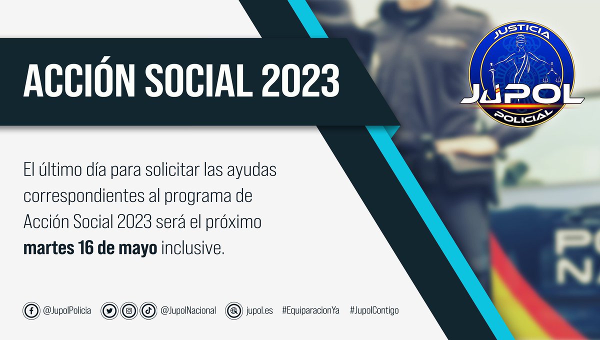 🔹#AcciónSocial

ℹ️Recordamos que el último día para solicitar las ayudas correspondientes al programa de Acción Social 2023 será mañana martes 16 de mayo.

#JUPOLContigo

#EquiparacionYa