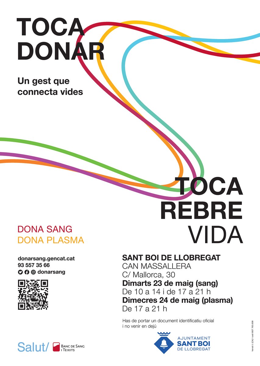 🩸Una vegada més el Banc de Sang i Teixits de Catalunya  organitza, amb el suport de @AjSantBoi, la Campanya de #DonaciodeSang, que es durà a terme els propers dies 🗓dimarts 23 i dimecres 24 de maig a CanMassallera(Mallorca,30) 
Cita a: donarsang.gencat.cat #santboi #donasang