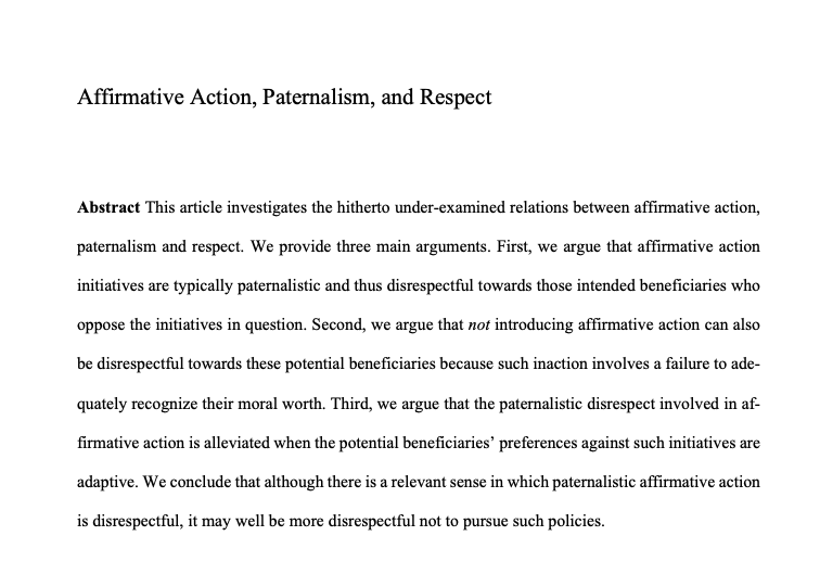 Happy! @vikimlpedersen's and my paper, Affirmative Action, Paternalism, and Respect, has been accepted for publication in @BJPolS