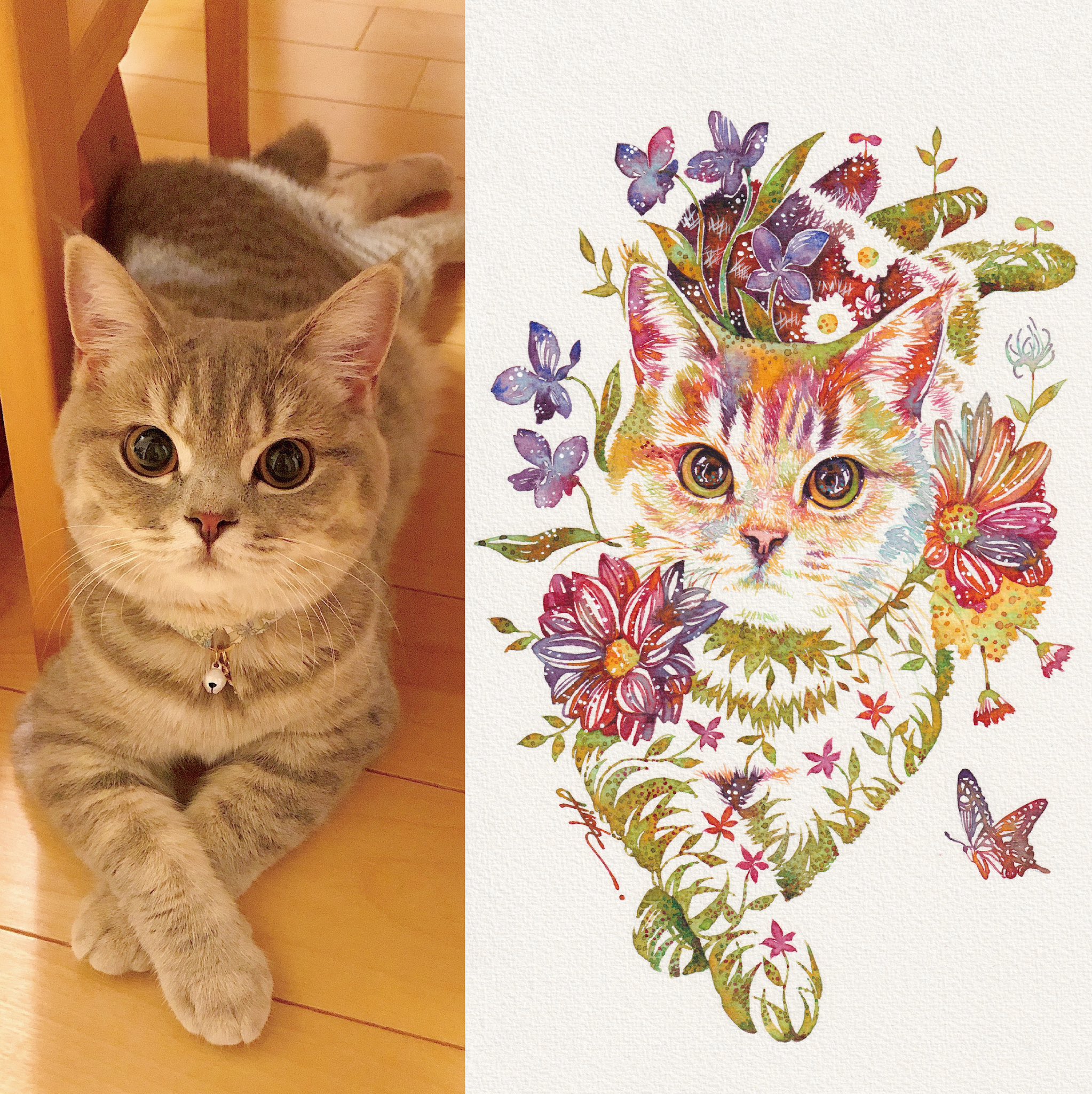 タケダヒロキ 現在非売品 木製パネルイラスト 花とねこ 猫の毛並みを“植物”で表現！水彩画家タケダヒロキさんが魅せる