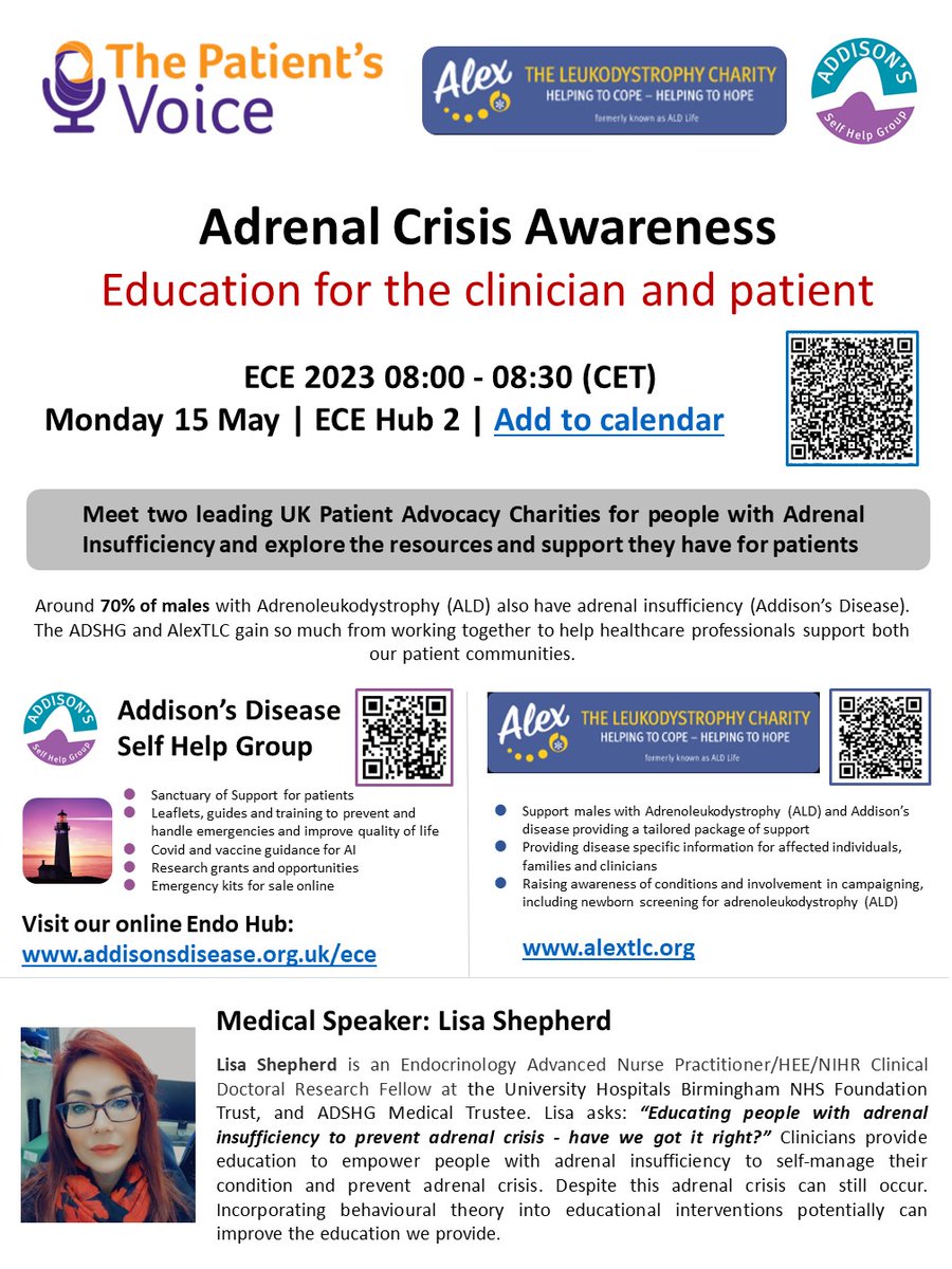 AddisonsUK's tweet photo. Thank you to everyone at #ECE2023 who joined our Patient's Voice session to learn more about adrenal crisis awareness.

💬If you have any q's for @lisashepherdcl1, @alexTLCsupport or ourselves please get in touch, we'd love to hear from you!

Get in touch: https://t.co/Ve5Dp35eCB https://t.co/MIaEziJDJM