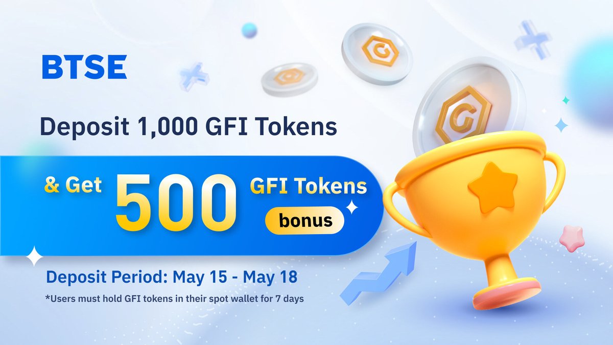 Another BOUNTY-FULL event for our dear #BTSE users! 🎁🙌

Deposit a minimum of 1,000 $GFI Tokens and get a 500 $GFI BONUS! 📥

📅 Deposit Period: May 15 - May 18, 2023, 7:00 AM UTC

*Users MUST #HODL $GFI on their SPOT wallet for at least 7 days. ⏳
trade.btse.com/Deposit1000GFI