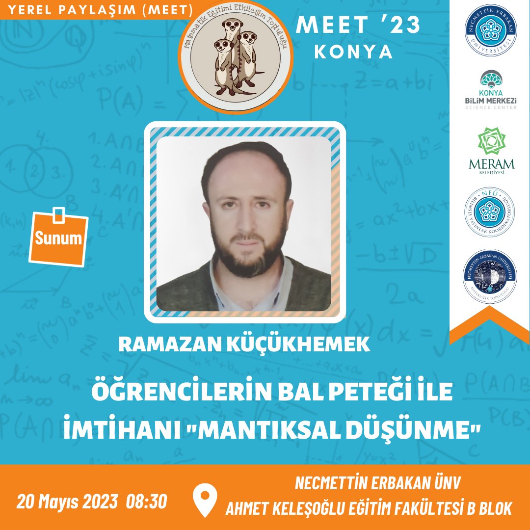 meet4math's tweet photo. Ramazan Küçükhemek “Öğrencilerin Bal Peteği ile İmtihanı” başlıklı sunumu ile MEET ‘23 Konya Yerel Paylaşımında!
20 Mayıs 2023, Cumartesi günü, saat 08.30’da görüşmek dileğiyle!
#meet #meet4math #meet23 #matematikbirlestirir #bplanı #matematikeğitimi #mathematicseducation https://t.co/7qD59pCOv9