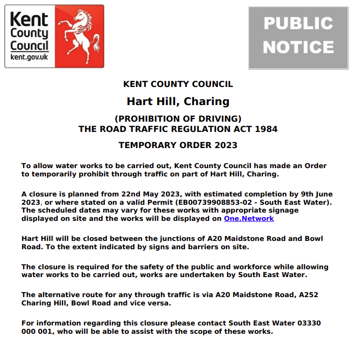 KCC Highways on Twitter "Charing, Hart Hill. Road closure from 22nd