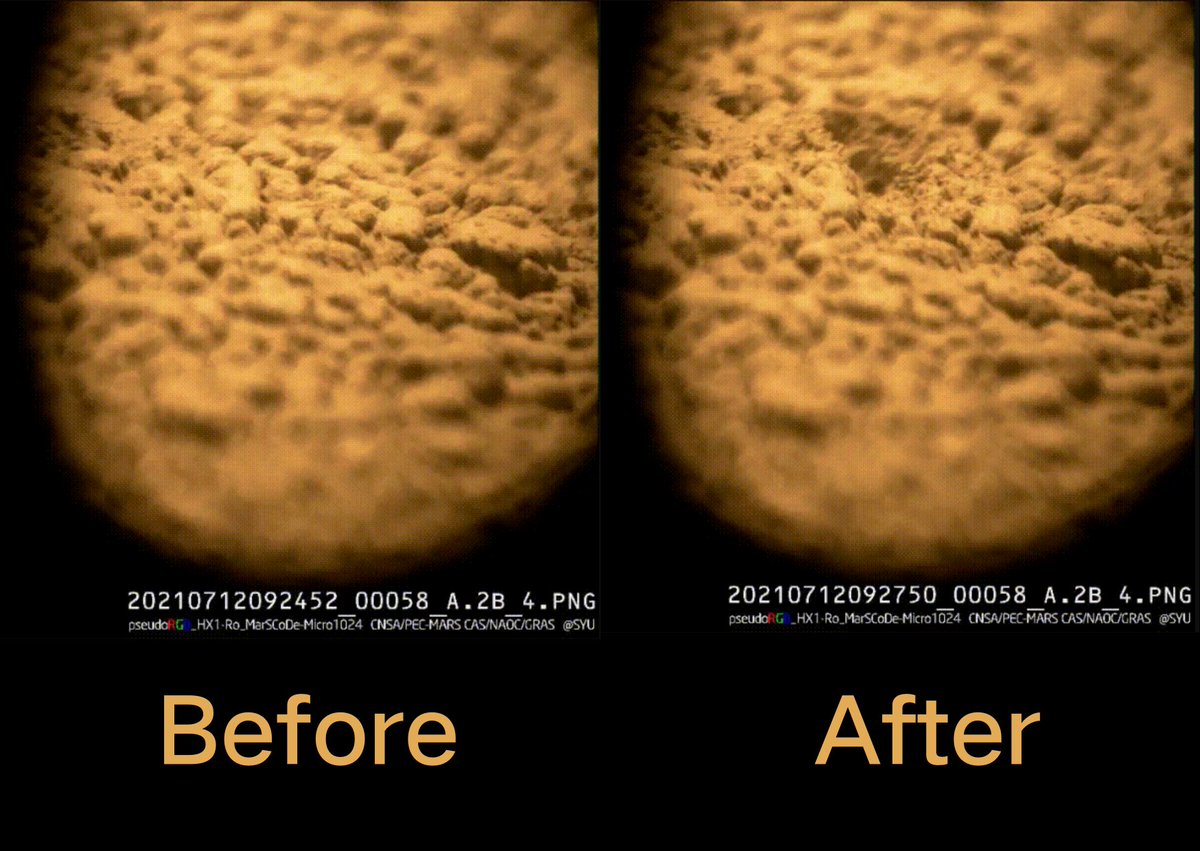 wulei2020's tweet image. #MarSCoDe is one of the scientific payloads onboard the Mars rover of China’s #Tianwen1 mission.
The photos show scenes before and after the MarSCoDe carried out Laser-induced breakdown spectroscopy to obtain micro samples.
Can you see the #holes melted by the laser?