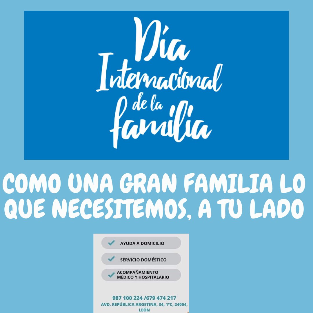 AsistFamiliar's tweet photo. Todo lo que necesites, acompañamiento, limpieza, canguro, fisioterapia, peluquería, podología, SPD (Pastilleros), compras, todo lo que en una gran familia puedes necesitar. #DiaInternacionaldelaFamilia #ayudaaladependencia #AsistenciaFamiliar #ayudafamiliar #Tecuidamos https://t.co/SmTZcGDMcL