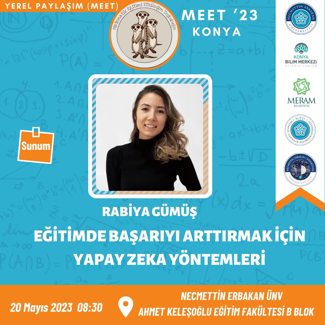 meet4math's tweet photo. Rabiya Gümüş “Eğitimde Başarıyı Arttırmak İçin Yapay Zeka Yöntemleri” başlıklı sunumu ile MEET ‘23 Konya Yerel Paylaşımında!
20 Mayıs 2023, Cumartesi günü, saat 08.30’da görüşmek dileğiyle!
#meet #meet4math #meet23 #matematikbirlestirir #bplanı #matematikeğitimi #mathematicsedu https://t.co/WHBu5Ttkyw