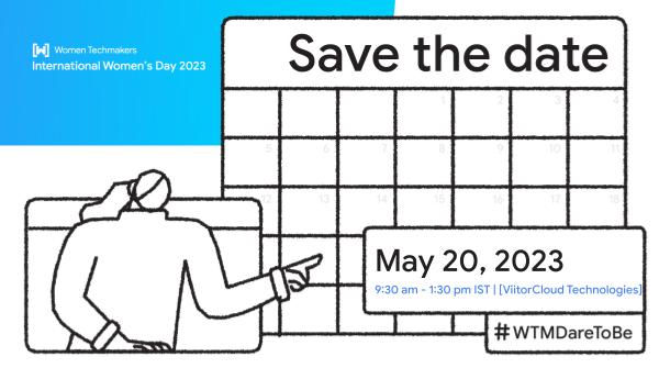 WTMAhmedabad's tweet photo. We @WTMAhmedabad are bringing @WomenTechmakers' global celebration of #WomenInTech for everyone! 

Let's gather &amp; Dare To Be extraordinary, push boundaries &amp; make a difference in our communities.

Join us for #WTMDareToBe on May 20, 2023

RSVP: https://t.co/Mwa1cuOFnu

#iwd2023 https://t.co/pF5DGX6zzE