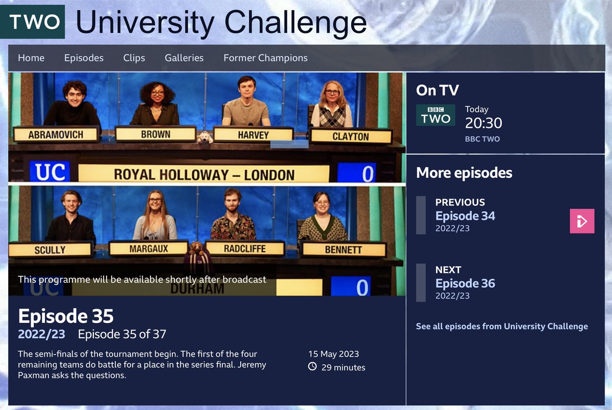 The first semi-final of this year’s University Challenge is on tonight (20:30, BBC2), and once again my son, Alex, will captain Durham in a rematch against Royal Holloway, with the winner going through to the final in two weeks. GO DURHAM! #UniversityChallenge @durham_uni