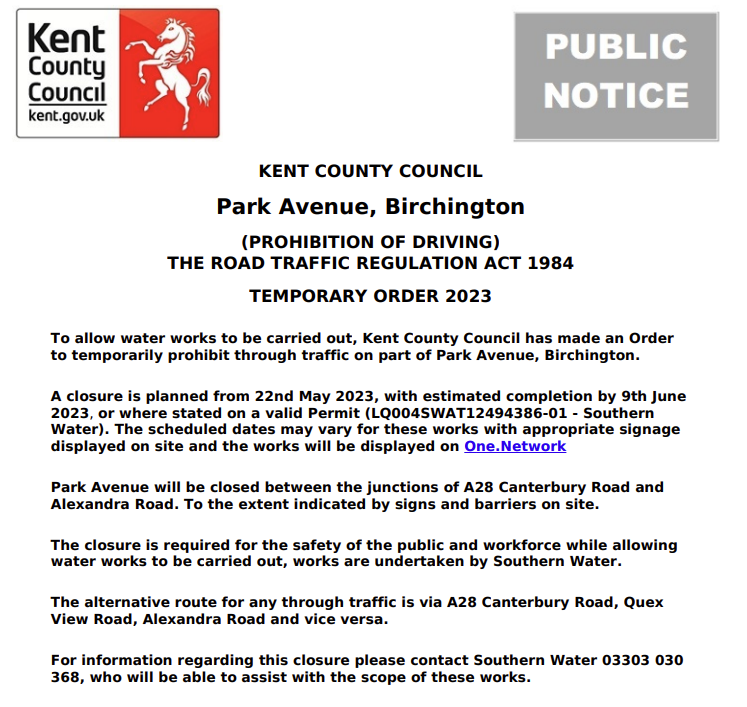 KCC Highways on Twitter "Birchington, Park Avenue. Road closure from 22nd May to 9th June for