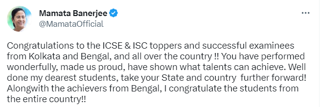 Bharat24Liv's tweet image. ICSE, ISC के टॉपर्स को ममता बनर्जी की बधाई
बंगाल और पूरे देश के सफल परीक्षार्थियों को बधाई- ममता
आपने शानदार प्रदर्शन किया, हमें गौरवान्वित किया- ममता
छात्रोंअपने राज्य और देश को और आगे ले जाओ- ममता 

Watch LIVE : bit.ly/3pIN4UB

#ICSEResult2023 #iscresult2023…