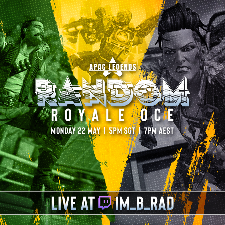 im_b_rad_ttv's tweet photo. BACK WITH A NEW EVENT!! RANDOM ROYALE OCE!!

🗓️ May 22, 7pm AEST
💻 Sydney servers
📝 Sign up @ APAC Legends discord in comments

Join as a solo and you'll be assigned a new team every game over 6 games. We will be balancing teams so that it is as fun as possible for everyone! https://t.co/MfoJVv4cWb