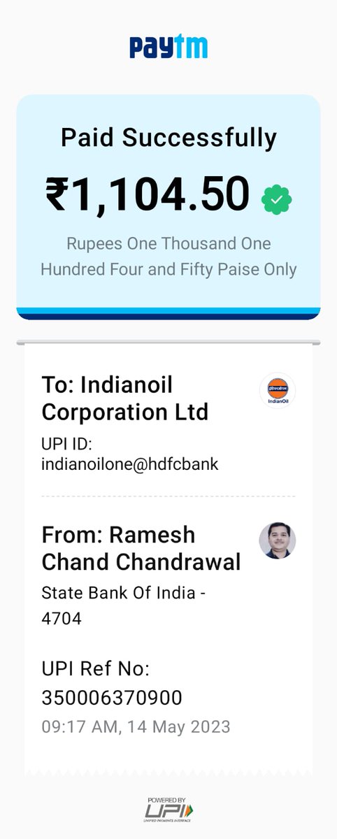 RChandrawal's tweet photo. VK-Indane has msg me that "Dear, Payment of 1104:5 was not successful. Please try again. Ref. Num#112880387260- INDANE

While I have made Online Payment of Rs.1104.5 to UPI ID: indianoilone@hdfcbank (pl. see attachments screenshots) and confirm that payment has actually received https://t.co/v4RgqWgZsJ
