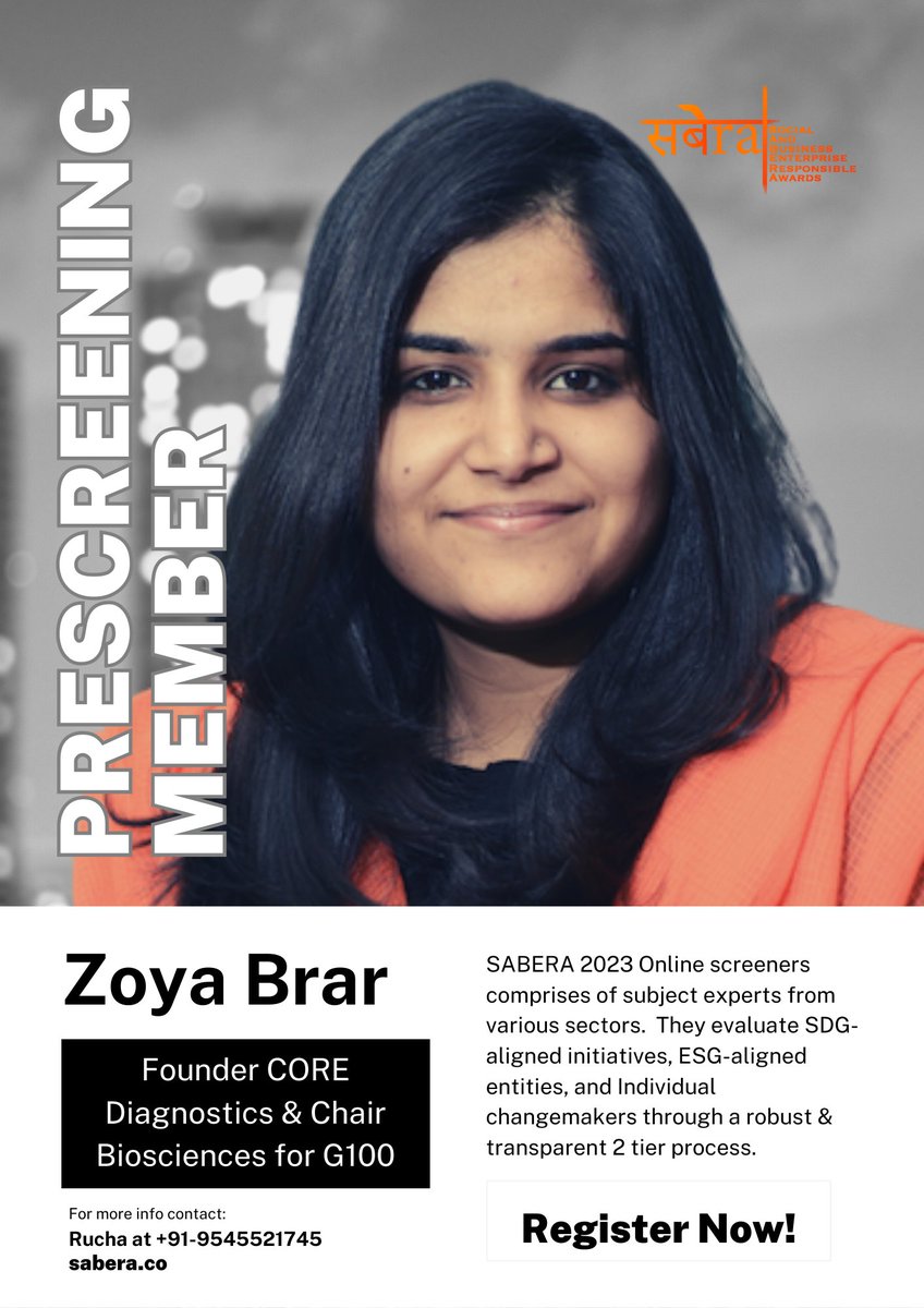 Meet <a href="/ZoyaBrar/">Zoya Brar</a> founder <a href="/CoreDiagnostics/">CORE Diagnostics</a> serving over 30 million in 13 countries. Promising #ResponsibleBusiness is a sub-category of #SABERA acknowledging #startups creating a #socialimpact   Register here  sabera.co/registration/  to submit #sustainable #SDG #ESG aligned work