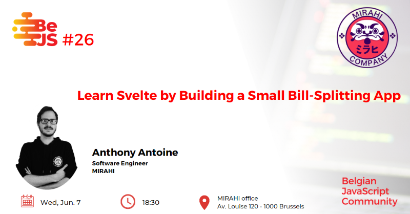 BeJS_'s tweet photo. Yes, we're never done at #BeJS 😉!!!

Our #BeJSconf sponsor, @mirahi_io, is offering us another #learning and #networking evening ...; right in the heart of #Brussels 🤩

Join us and pick up what's needed to start your @sveltejs journey. 

RSVP only 👇🏽

#javascript #meetup