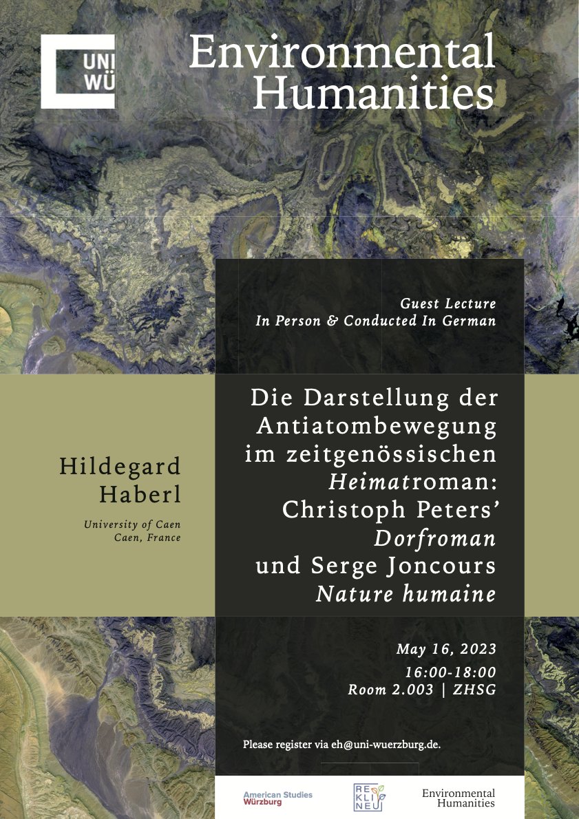 If you're on campus <a href="/Uni_WUE/">Universität Würzburg #UniWürzburg</a> tomorrow, don't miss Hildegard Haberl's #envhum talk: Die Darstellung der
Antiatombewegung im zeitgenössischen Heimatroman: Christoph Peters’ "Dorfroman" und Serge Joncours "Nature humaine"