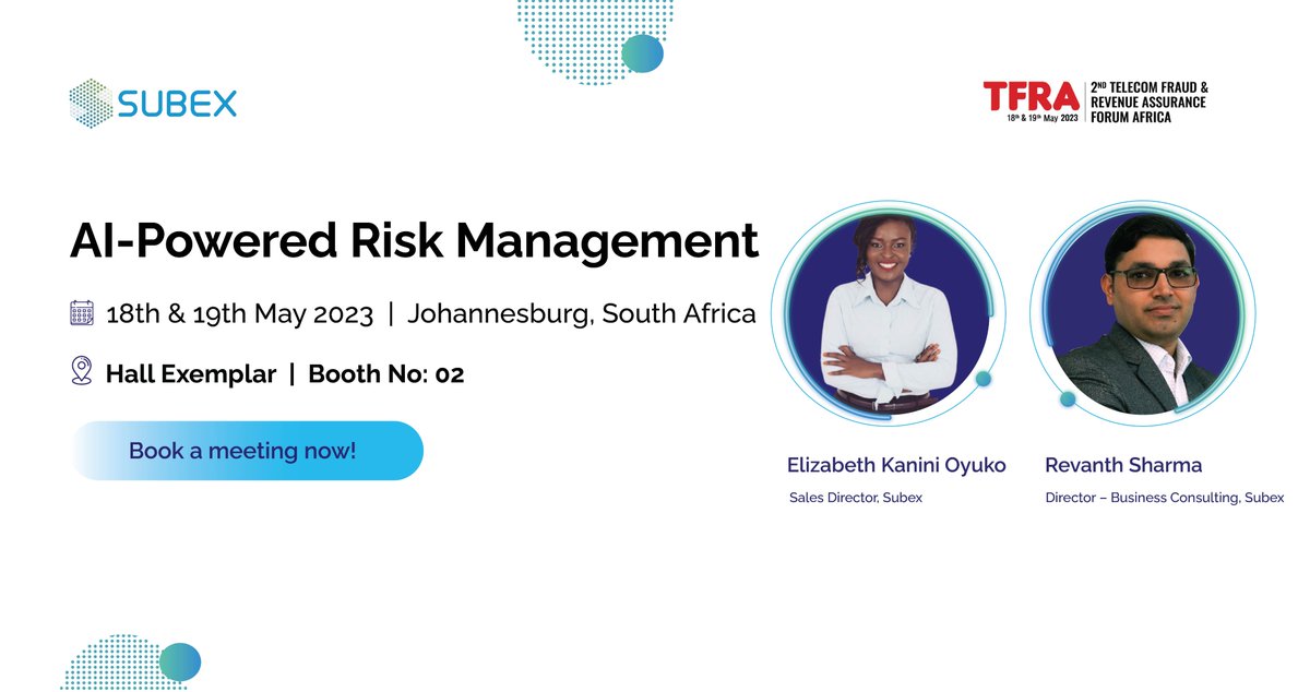 rhravip's tweet photo. RT @@Subex: We are excited to announce that we will be participating in the upcoming #TFRA event.

We invite you to visit us at Booth No: 02 and learn more about how our cutting-edge risk mitigation solutions can safeguard your business against threats.
… https://t.co/ieFl2dLNyS