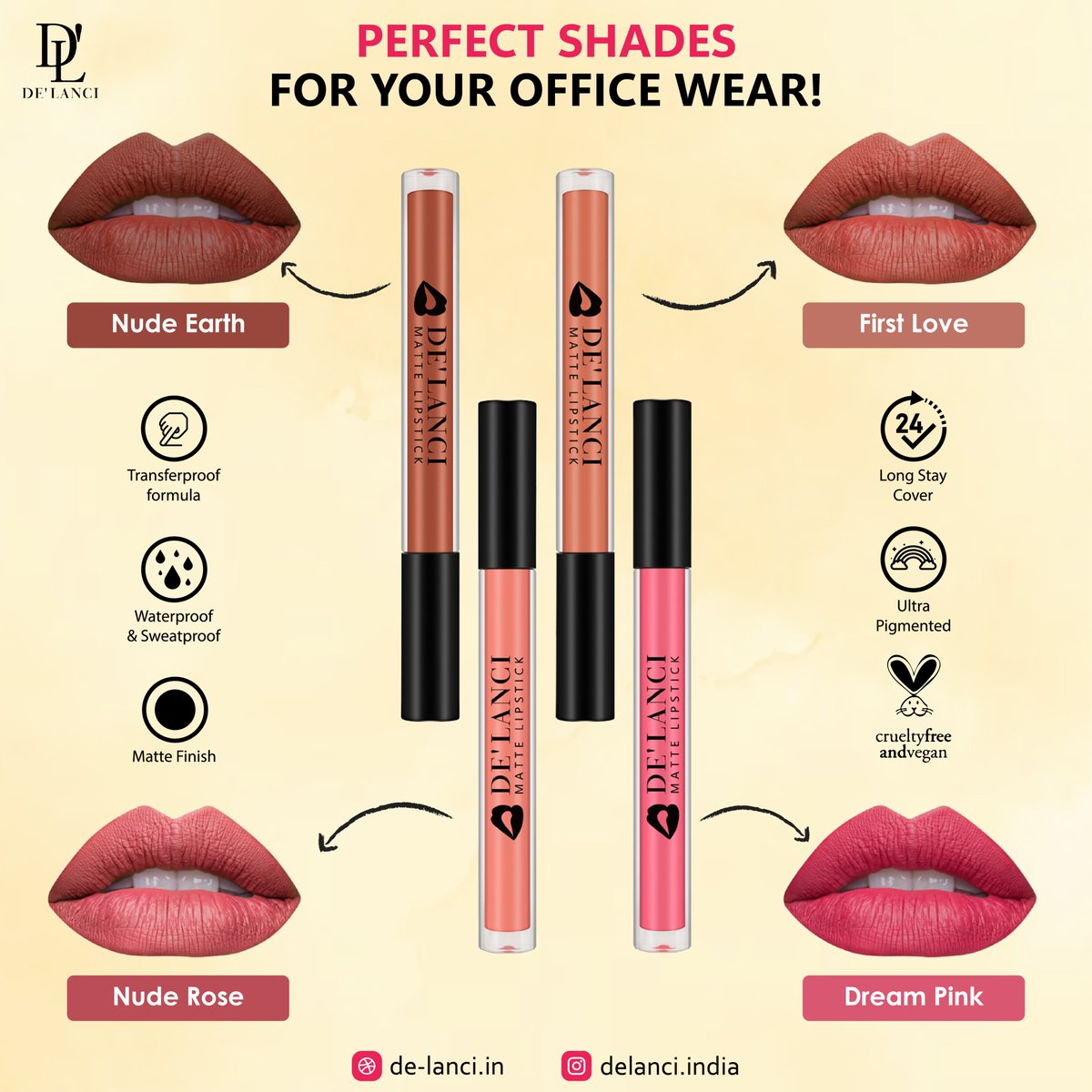 Stay Polished and Professional All Day Long with Our Office-Approved, Long-Lasting Lipsticks😍❤️

Product Name:- De'lanci Aesthetics Matte Lipsticks

#delanciindia #delanci #delancisale #MakeupEssentials #MakeupProducts #crueltyfree #MakeupHacks #lipstick #liquidlipstick