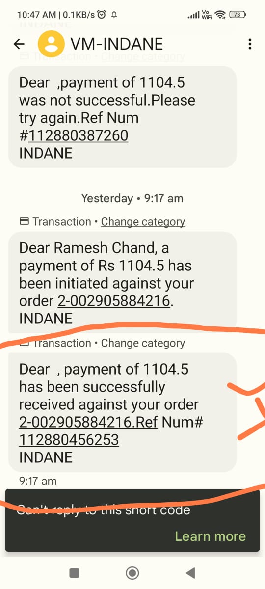 RChandrawal's tweet photo. @IndianOilcl
@IndianOil_Delhi
@IOCDelhiAO
VK-Indane has msg me that "Dear, Payment of 1104:5 was not successful. Please try again. Ref. Num#112880387260- INDANE  While I have made Online Payment of Rs.1104.5 to UPI ID: indianoilone@hdfcbank (pl. see attachments screenshots) https://t.co/370auH1Vmv