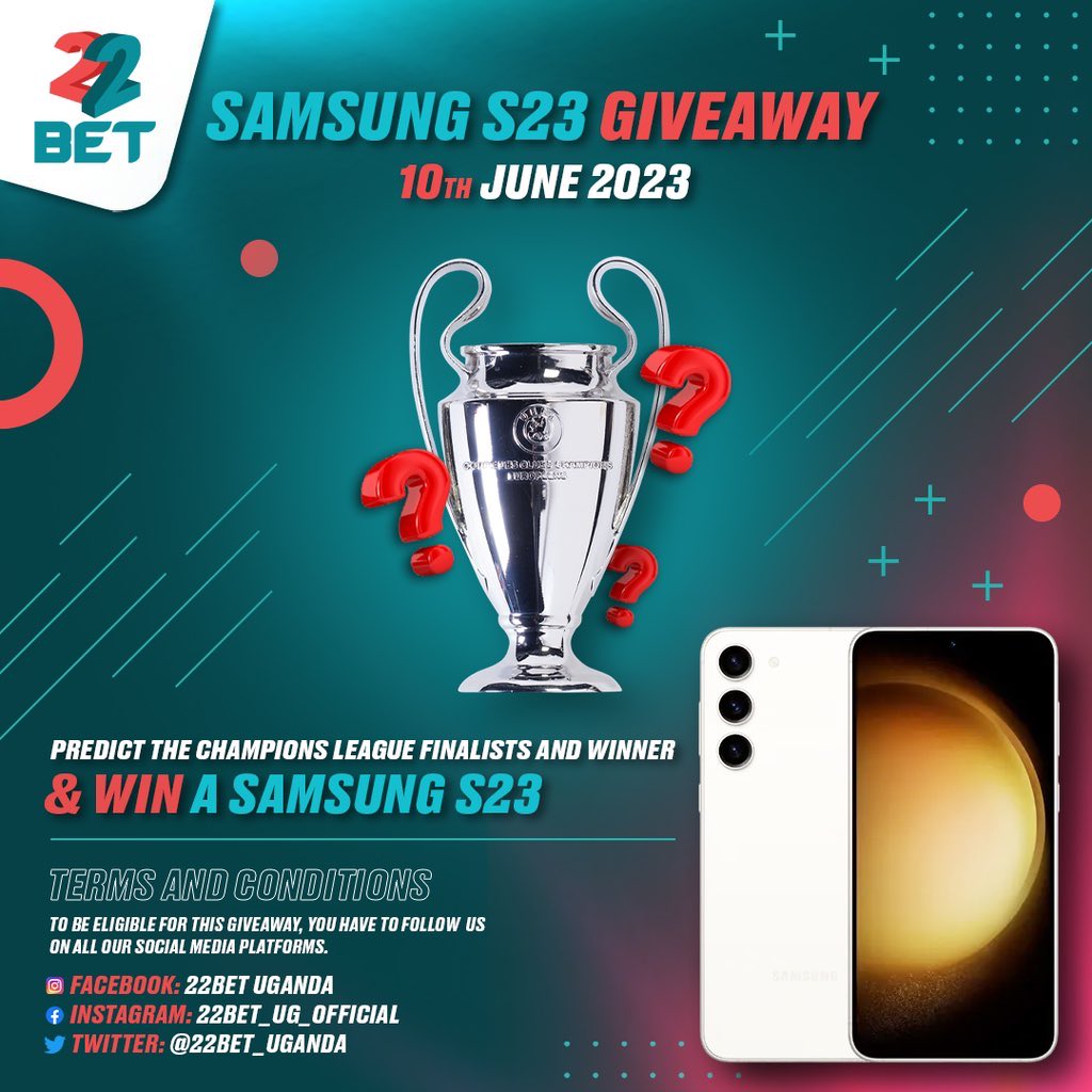 Win a smart phone with @22BET_Uganda 

Win in 3️⃣ simple steps;
1️⃣ Follow us on all Socials
2️⃣ Predict the Champions League Finalists & Winner
3️⃣ The reply with the most engagements wins.

Sign up here cutt.ly/06hUWAv for the best odds 

#22BetGiveaway #22BetUganda