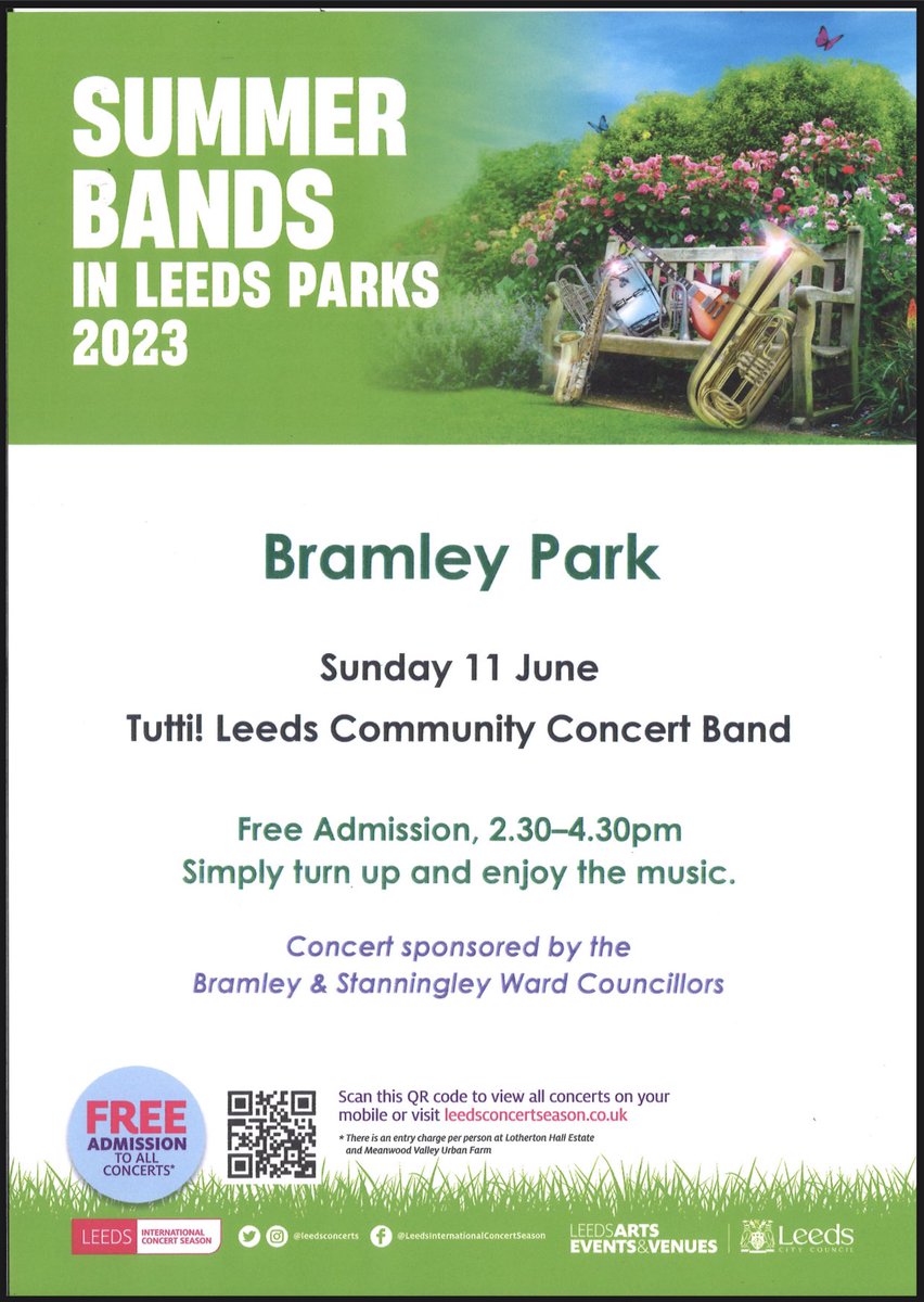 Put this in your diaries! We’re performing in Bramley Park on June 11 as part of the Summer Bands in Leeds Parks 2023. 2.30pm. “simply turn up and enjoy the music”. #Bramley