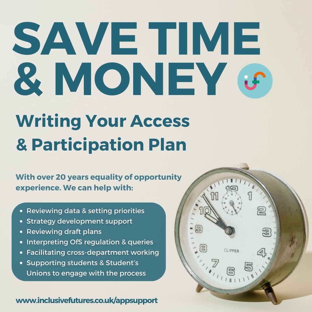 Inclus_Futures's tweet photo. Save time &amp; money writing your #AccessAndParticipationPlan (APP) with us!

Get in touch to find out more or join our *FREE* #APP webinars on Tuesday 23rd &amp; 30th May!

📧 hello@inclusivefutures.co.uk
🌐 https://t.co/9Htfp2oZfX

#WideningPartipation #FairAccess #UKHE #APPSupport https://t.co/R9flt3Ge1r