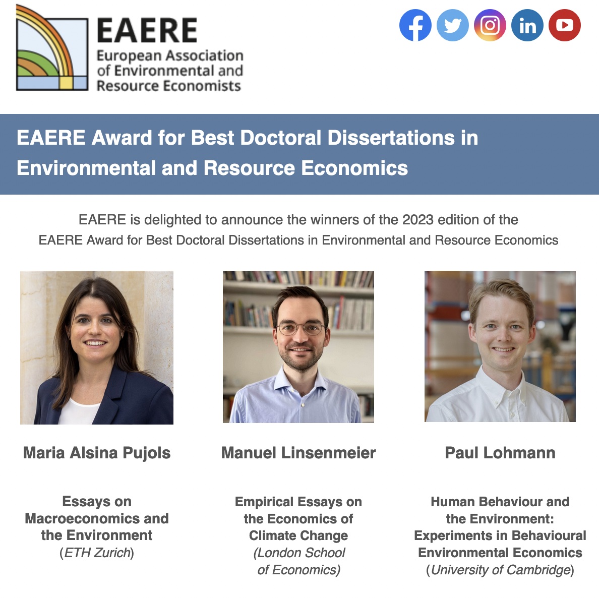 👏 Congratulations to Maria Alsina Pujol on winning the <a href="/EAERE_envecon/">EAERE</a> #Award for Best Doctoral Dissertations in Environmental and Resource Economics 2023.

<a href="/MaAlsina/">Maria Alsina-Pujols</a> received her PhD from our Department, and she is now a Postdoctoral Researcher at <a href="/d_mtec/">D-MTEC ETH Zurich</a>, <a href="/ETH_en/">ETH Zurich</a>.