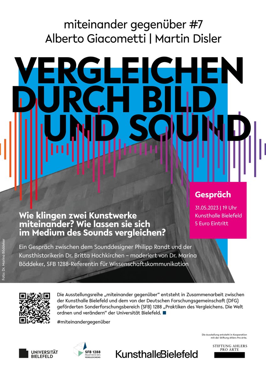 sfb_comparing's tweet photo. Wie lassen sich zwei Kunstwerke im Medium des Sounds vergleichen?
Sounddesigner #PhilippRandt und #SFB1288-Mitglied #BrittaHochkirchen sprechen über "Vergleichen durch Bild und Sound", moderiert von #MarinaBöddeker.
➡️ Mi, 31.05.23 | 19 Uhr | @KunsthalleBi
#miteinandergegenüber https://t.co/zgANNwTOxe