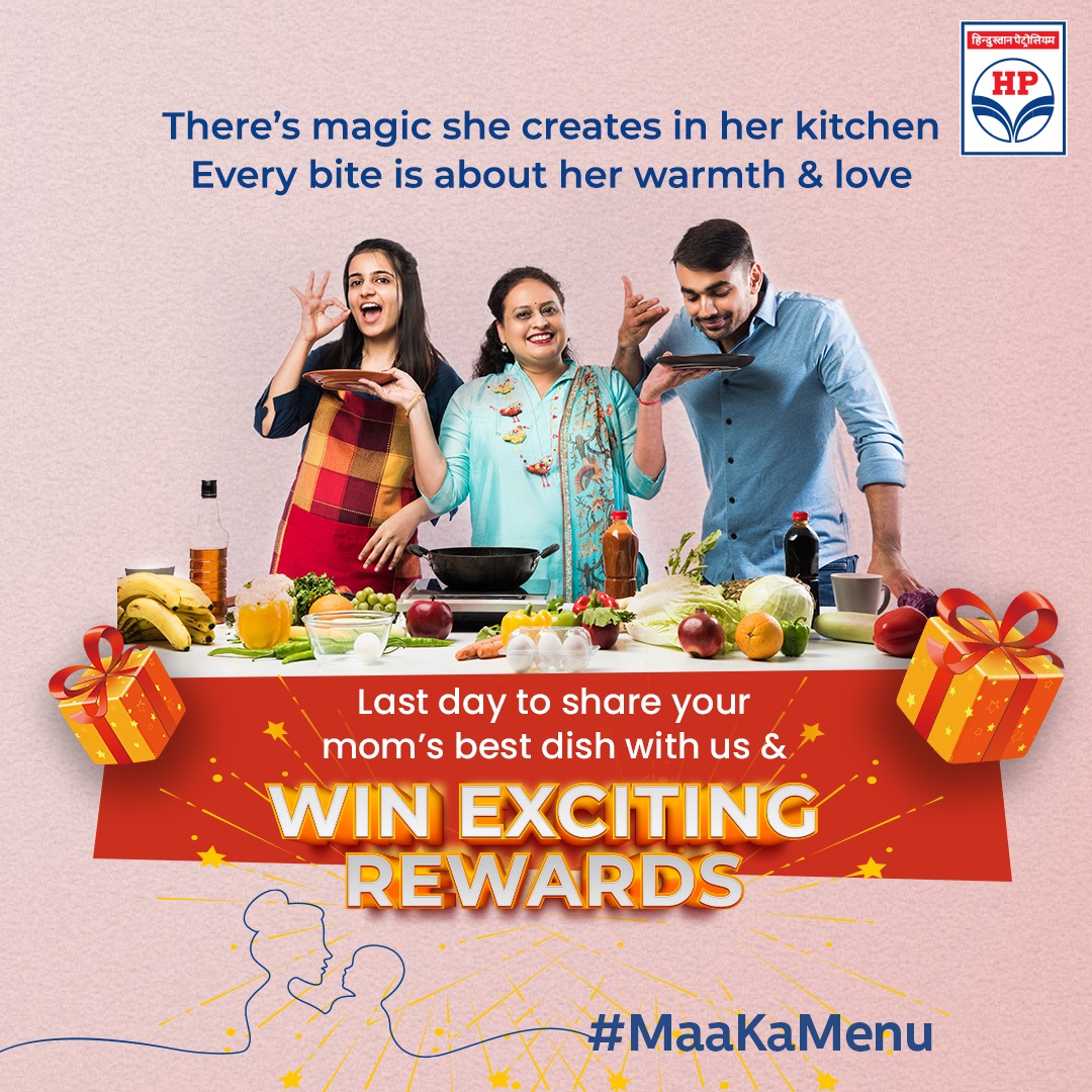 HPCL's tweet photo. Share your mom's best recipe with a picture and tell us why on your #instagram story and tag us. Let the aroma of her food unleash a trove of memories and bring lot's of exciting rewards to you.
#MaaKaMenu #MothersDay #MomsMenu #MothersRecipe https://t.co/abmt24IyDp