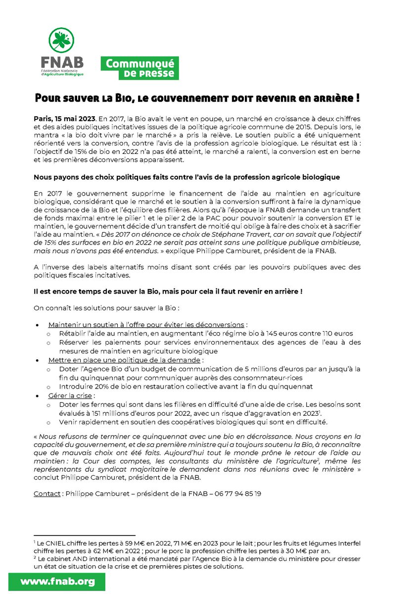 CP 📰 Pour sauver la Bio, le gouvernement doit revenir en arrière !
Lire le CP  👉 bit.ly/42yQTKX